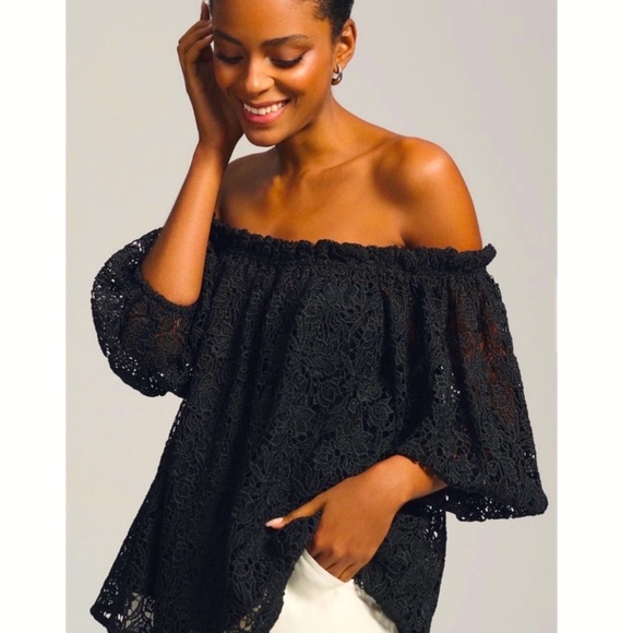 ANTHROPOLOGIE MAEVE Off-The-Shoulder Cutwork Top Black - Picture 1 of 9